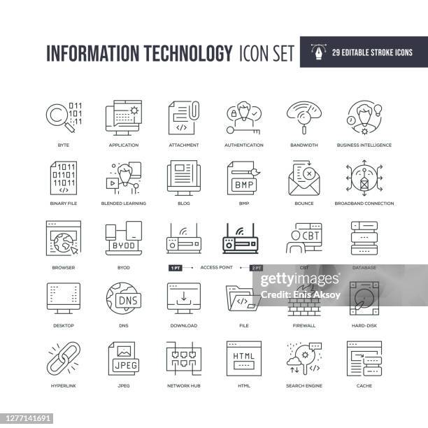 stockillustraties, clipart, cartoons en iconen met pictogrammen voor bewerkbare lijnlijnen voor informatietechnologie - computervectorbestanden