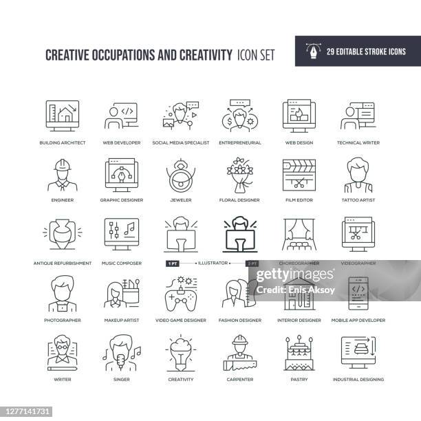 creative occupations and creativity editable stroke line icons - cameraman stock illustrations