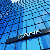 Bank sign on a modern glass building. 3D render.