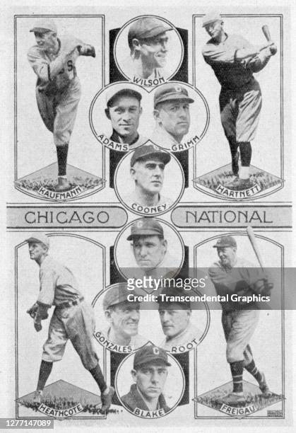 Collage features members of Chicago Cubs baseball team, 1927. Among those pictured are Hack Wilson, Gabby Hartnett, and Charlie Grimm.