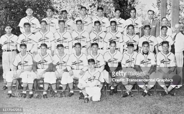 Portrait of members of the St Louis Cardinals baseball team as they pose at Sportsmans Park, St Louis, Missouri, 1943. Among those pictured is...