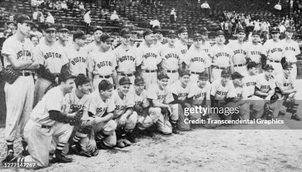 Portrait of members of the Boston Red Sox baseball team as they pose at Fenway Park, Boston, Massachusetts, 1941. Among those pictured are Ted...