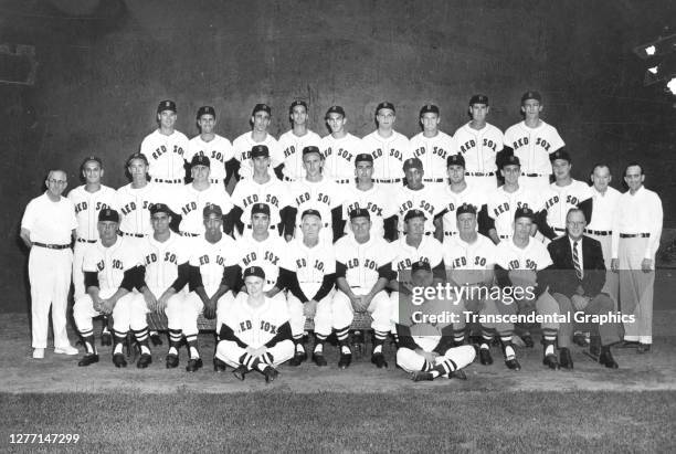 Portrait of members of the Boston Red Sox baseball team as they pose at Fenway Park, Boston, Massachusetts, 1947. Among those pictured are Ted...