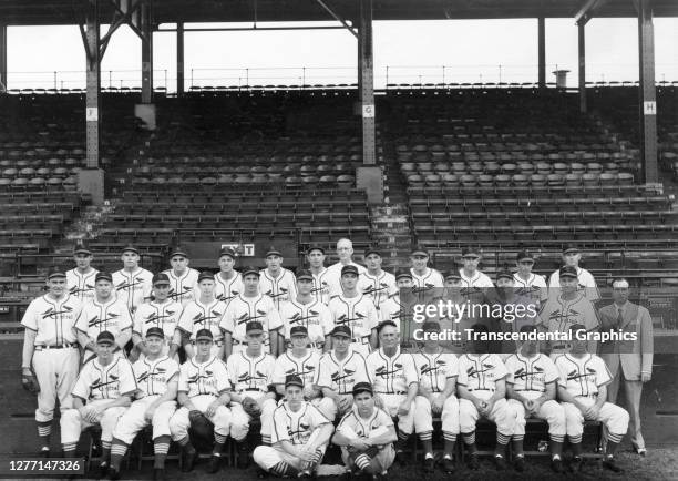 Portrait of members of the St Louis Cardinals baseball team as they pose at Sportsmans Park, St Louis, Missouri, 1945. Among those pictured is...