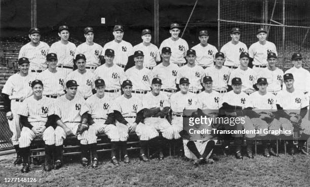 Portrait of members of the New York Yankees baseball team as they pose at Yankee Stadium, the Bronx, New York, New York, 1942. Among those pictured...
