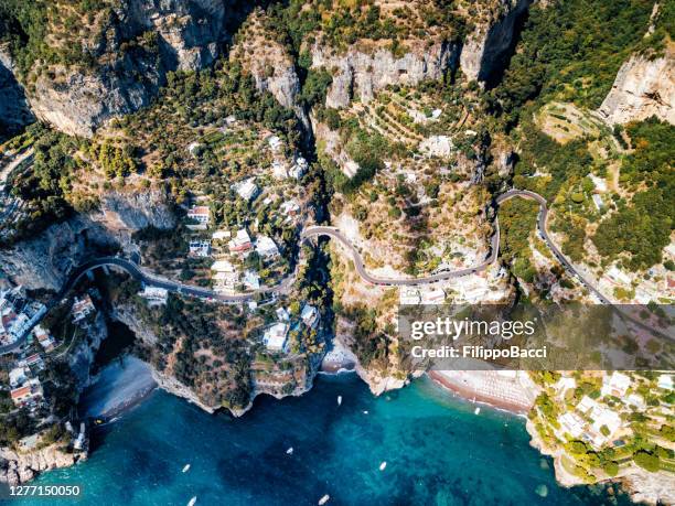 coastline road near positano, italy - aerial point of view - naples italy beach stock pictures, royalty-free photos & images