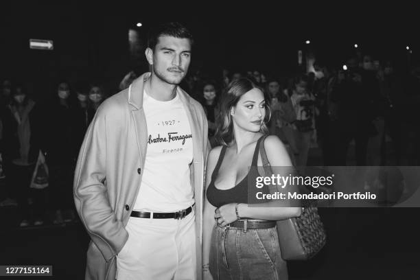 Images has been converted to black and white) Italian model and influencer Marco Fantini and his partner Beatrice Valli guests arriving at the...