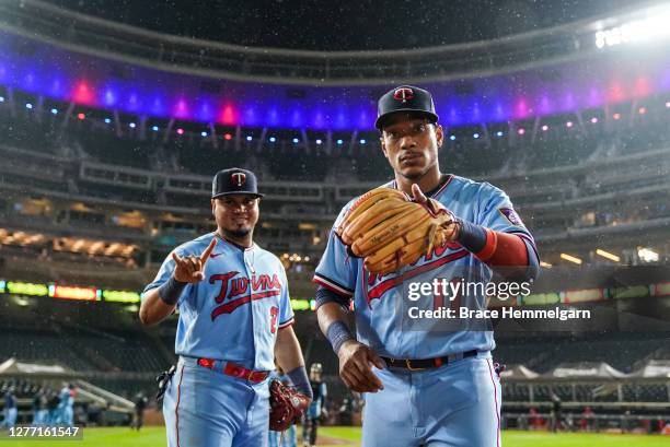 Jorge Polanco of the Minnesota Twins celebrates with Luis Arraez against the Cincinnati Reds on September 26, 2020 at Target Field in Minneapolis,...