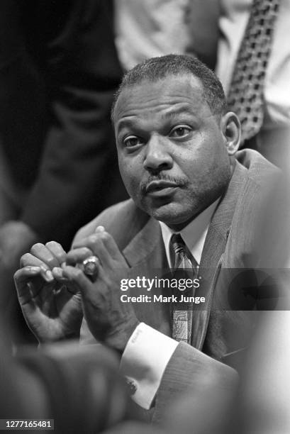 Bernie Bickerstaff of the Denver Nuggets coaches his players during a game against the Portland Trailblazers at McNichols Arena on December 30, 1994...