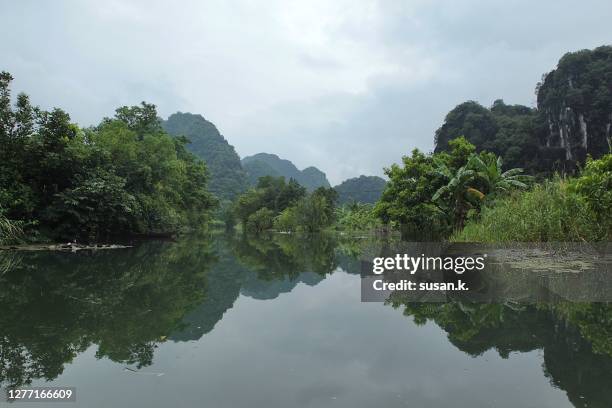 tranquil landscape of trang an, surrounded by ngo dong river and the rainforest limestone rock towers. - vietnam jungle stock pictures, royalty-free photos & images