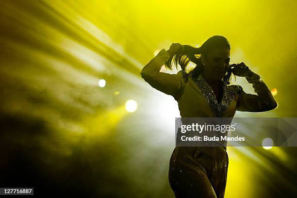Ivete Sangalo performs on stage during a concert in the Rock in Rio Festival on September 30, 2011 in Rio de Janeiro, Brazil. Rock in Rio Festival...