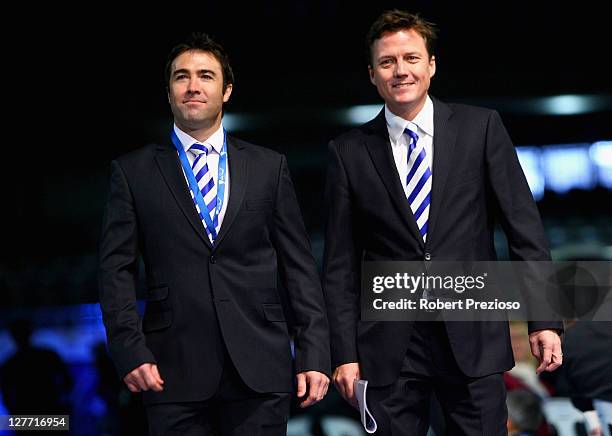 Brad Scott coach of North Melbourne and James Brayshaw attend the North Melbourne AFL Grand Final Breakfast at Etihad Stadium on October 1, 2011 in...
