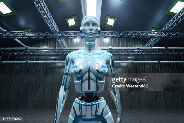 three dimensional render of gynoid standing inside empty warehouse - cyborg stock illustrations