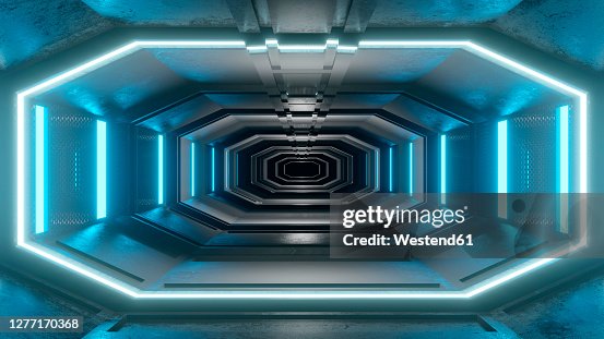 Three dimensional render offuturistic corridor inside spaceship or space station Three dimensional render offuturistic corridor inside spaceship or space station