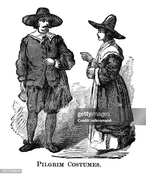 antique illustration of pilgrim costumes - pilgrim costume stock pictures, royalty-free photos & images