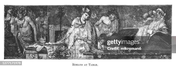 antique illustration of a ancient roman banquet, banquet at a wealthy home in ancient rome - ancient rome food stock pictures, royalty-free photos & images