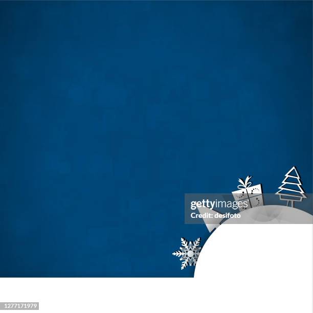 vector illustration of a creative dark blue coloured xmas background with a curved arc patch and white colored christmas trees and ornaments arranged around it - textile patch round stock illustrations