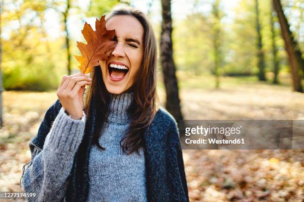young laughing woman holding autumn leave on her eye - autunno foto e immagini stock