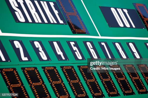baseball scoreboard, green board and large letters and numbers - baseball scoreboard stock pictures, royalty-free photos & images