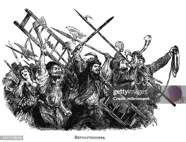 engraving illustration of a group of a french revolutionists - franse revolutie stockfoto's en -beelden