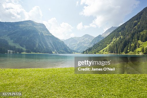 Grass pasture with lake and background mountains