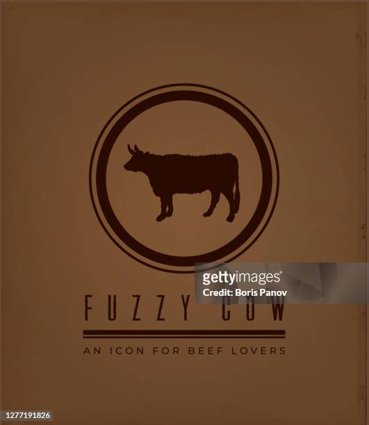 ilustrações, clipart, desenhos animados e ícones de ícone de vaca fuzzy em vintage dark brown fundo como flyer ou modelo de cartão de visita - ground beef
