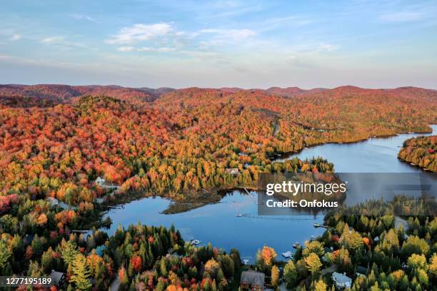 aerial view of laurentian's landscape in autumn at sunset, quebec, canada - quebec canada stock pictures, royalty-free photos & images