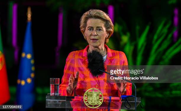 The President of the European Commission Ursula von der Leyen talks to journalists during a joint press conference with Portuguese Prime Minister...