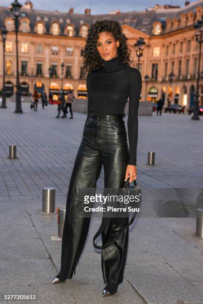 Model Cindy Bruna arrives at a Vuitton dinner party on September 28, 2020 in Paris, France.