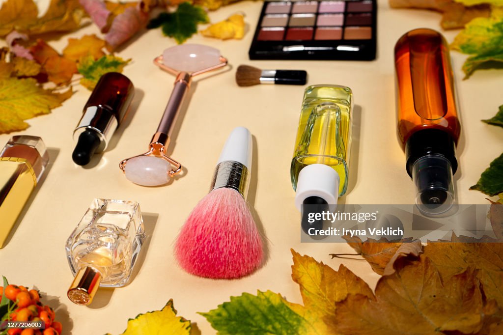 Autumn concept with Skin Care Beauty Products, Natural Cosmetic.