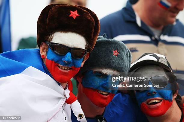 Russia fans enjoy the atmosphere ahead of the IRB 2011 Rugby World Cup Pool C match between Australia and Russia at Trafalgar Park on October 1, 2011...
