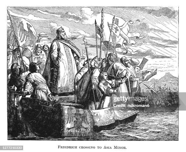 old engraved illustration of frederick barbarossa crossing to asia minor, crusader king - emperor stock pictures, royalty-free photos & images
