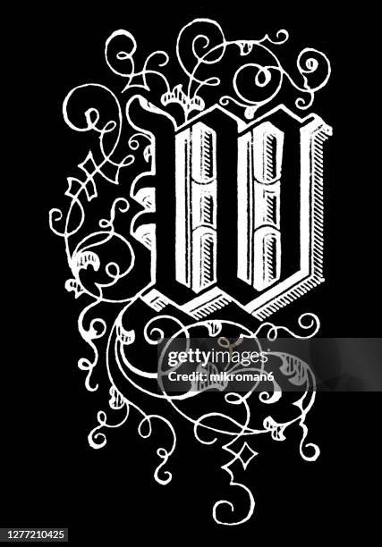 old engraved illustration of letter w, decorative ornament - letter w stock pictures, royalty-free photos & images