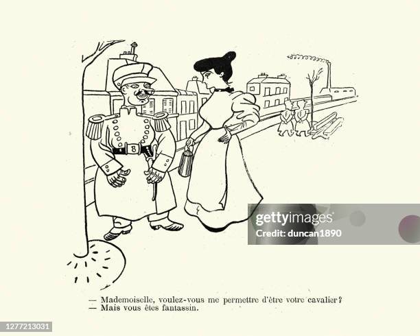 vintage französisch cartoon, soldat fragen eine frau auf ein datum - nicht-erwiderte-liebe stock-grafiken, -clipart, -cartoons und -symbole