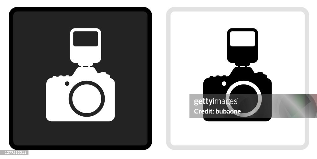 DSLR Camera and Flash Icon on Black Button with White Rollover