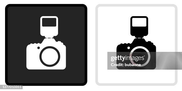 dslr camera and flash icon on black button with white rollover - digital-single-lens-reflex-camera stock illustrations