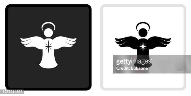 engel-symbol auf schwarzem knopf mit weißem rollover - heiligenschein stock-grafiken, -clipart, -cartoons und -symbole