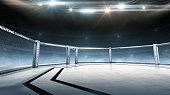 Fighting Championship. Fight night. 3D render MMA arena. Full tribune. MMA cage night. 3D rendering