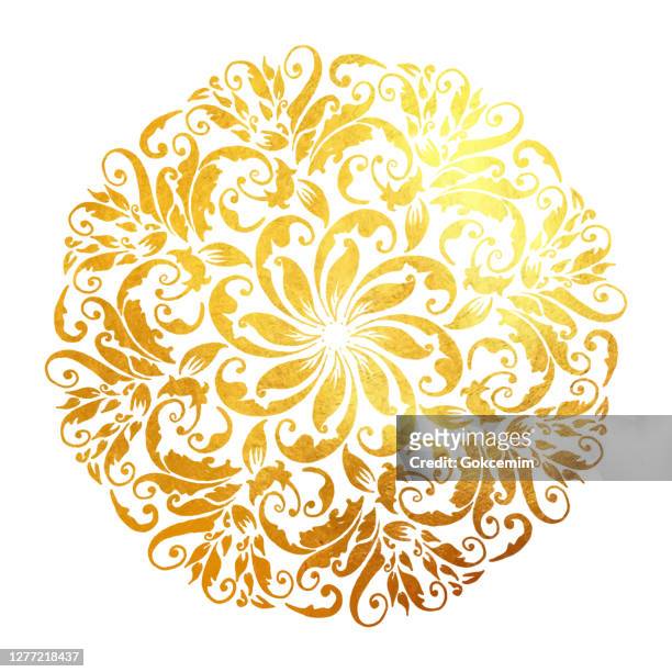 ilustrações, clipart, desenhos animados e ícones de mandala colorida de ouro floral desenhado à mão. mandala moderna e minimalista com cores brilhantes. elemento de design do círculo geométrico para cartões de convite e saudação. - arabesque
