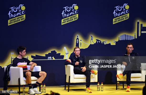 Belgian Wout van Aert of Team Jumbo-Visma, Danish Jonas Vingegaard of Jumbo-Visma and French Christophe Laporte of Jumbo-Visma pictured during the...