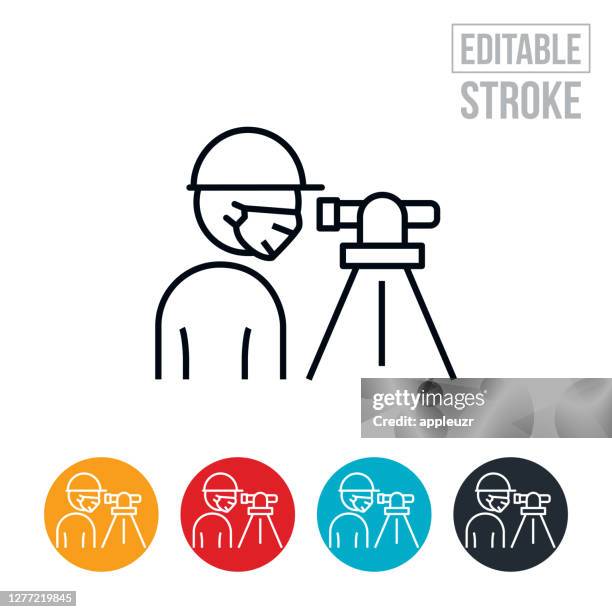 surveyor wearing face mask thin line icon - editable stroke - transit theodolite stock illustrations