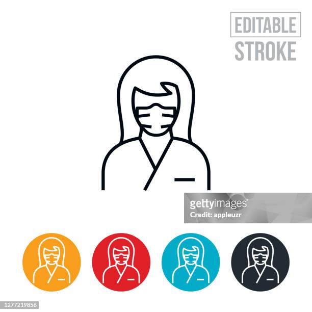weibliche krankenschwester tragen gesichtsmaske dünne linie symbol - editierbarstrich - nursing assistant stock-grafiken, -clipart, -cartoons und -symbole