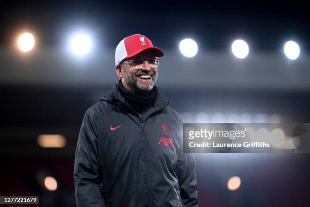 Jurgen Klopp, Manager of Liverpool reacts following his sides victory in the Premier League match between Liverpool and Arsenal at Anfield on...