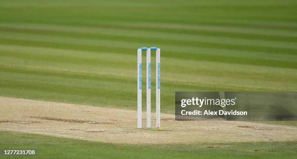 Prostate Cancer UK stumps are seen during Day 5 of the Bob Willis Trophy Final between Somerset and Essex at Lord's Cricket Ground on September 27,...