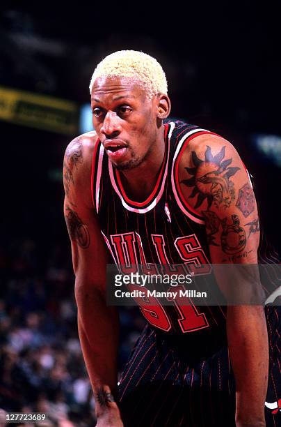 Portrait of Chicago Bulls Dennis Rodman during game vs Philadelphia 76ers at CoreStates Spectrum. Philadelphia, PA 1/13/1996 CREDIT: Manny Millan