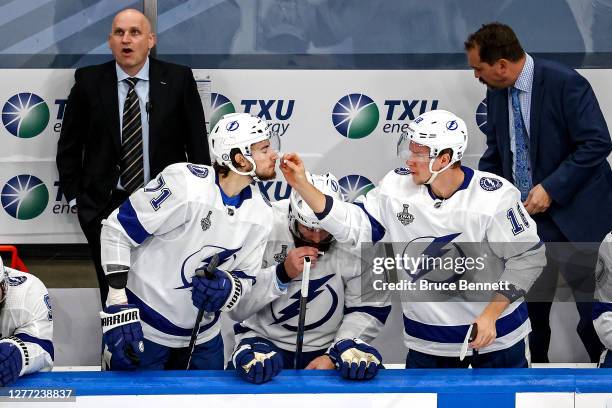 Ondrej Palat of the Tampa Bay Lightning shares smelling salts with Anthony Cirelli prior to Game Six of the 2020 NHL Stanley Cup Final against the...