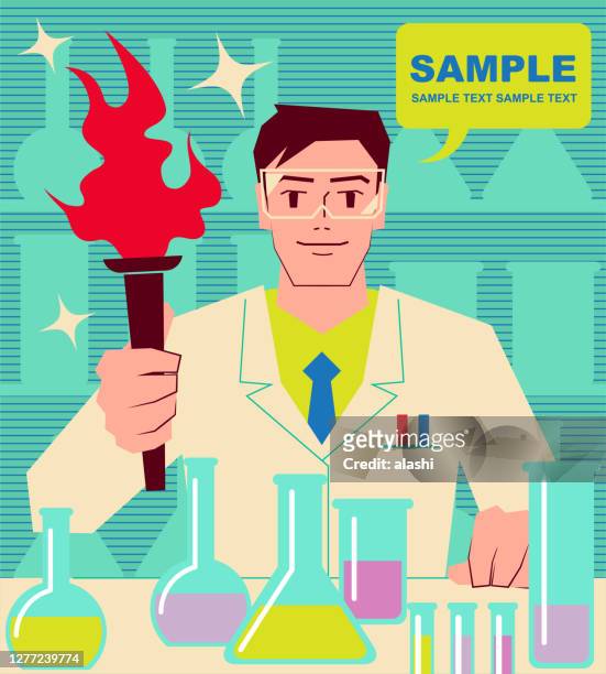 handsome wissenschaftler (arzt, biochemiker) hält eine flammende fackel und macht ein wissenschaftliches experiment (medizinische forschung) - torch bearer stock-grafiken, -clipart, -cartoons und -symbole