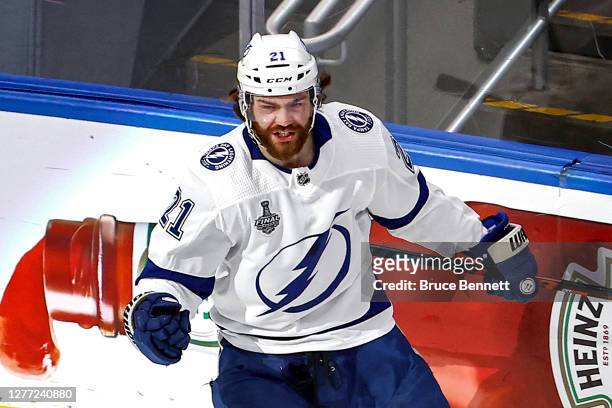 Brayden Point of the Tampa Bay Lightning celebrates after scoring a goal against the Dallas Stars during the first period in Game Six of the 2020 NHL...
