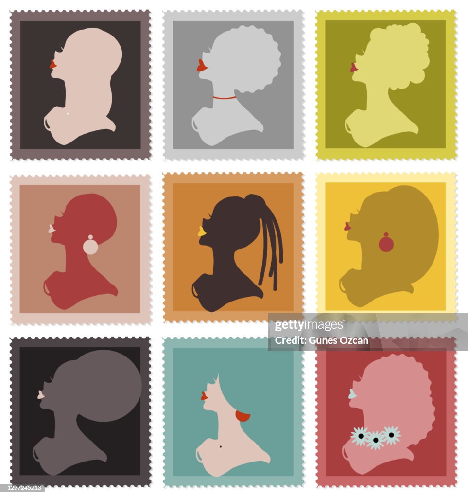 Beautiful Woman Portraits Profile Silhouette Postage Stamp Icon Set