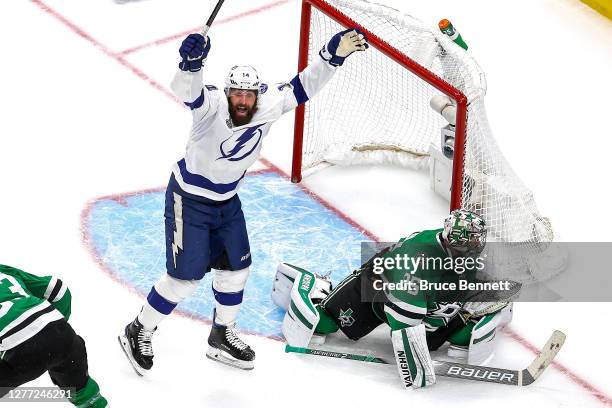 Pat Maroon of the Tampa Bay Lightning celebrates a goal by teammate Blake Coleman , past Anton Khudobin of the Dallas Stars during the second period...